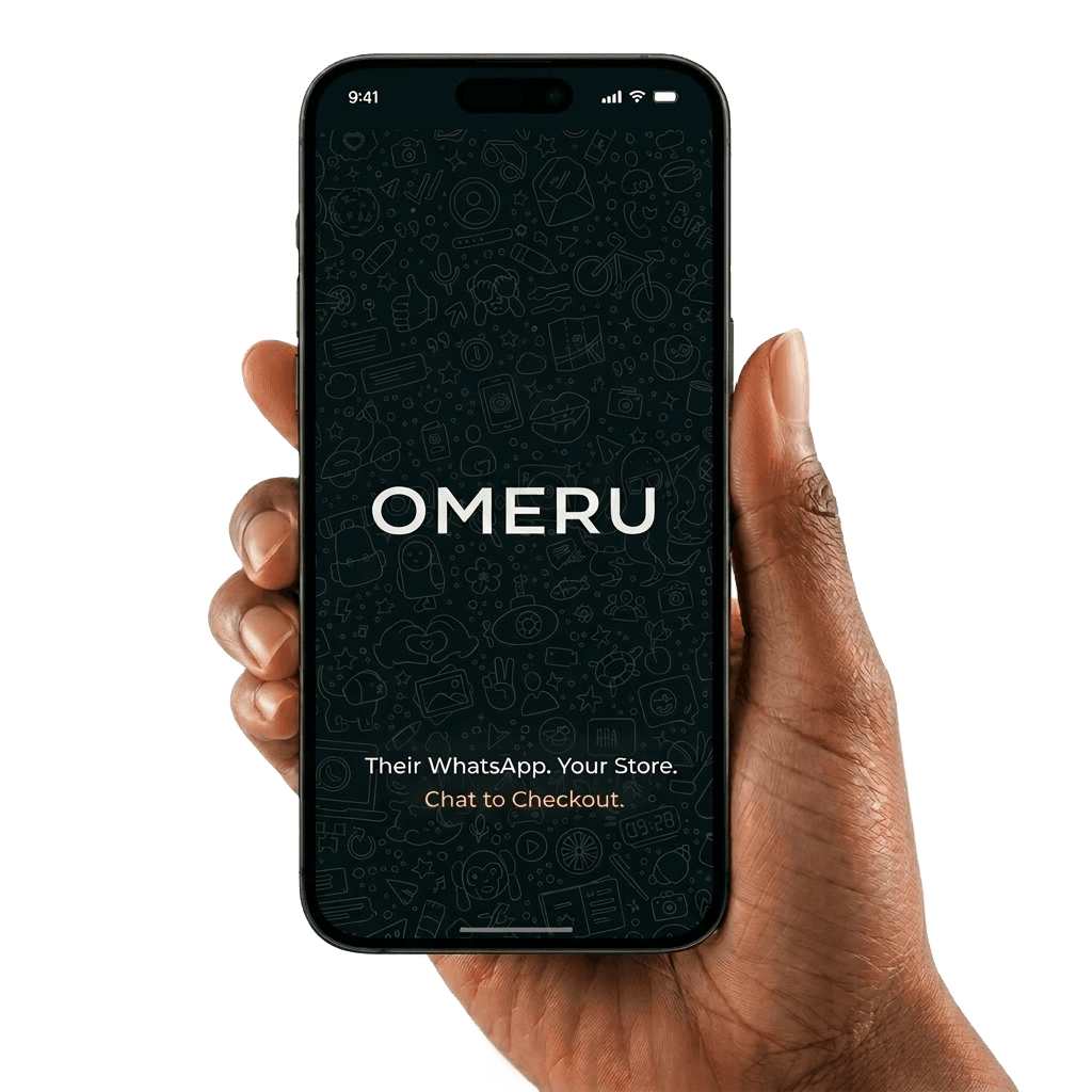 A hand holding a phone with the Omeru WhatsApp bot open